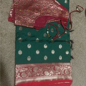 Elegant Green and Red Saree with Gold Accents